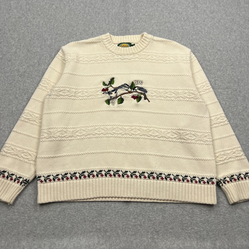 VTG Cabela's Sweater Womens Medium Ivory Chunky Knit Birds Leaves Berries Winter